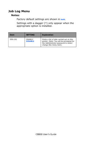 Page 115
C8800 User’s Guide115
Job Log Menu
Notes:
Factory default settings are shown in 
bold.
Settings with a dagger (†) only appear when the 
appropriate option  is installed.
   
ItemSETTINGExplanation
JOB LOG ENABLE/
DISABLE  Prints a list of jobs carried out on this 
printer. (Note: You will be prompted for 
the Administrator password to enter/
change this menu item).
Downloaded From ManualsPrinter.com Manuals 