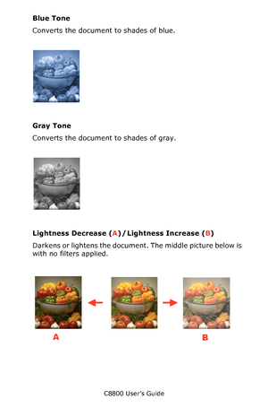 Page 241
C8800 User’s Guide241
Blue Tone
Converts the document to shades of blue.
       C32_Mac_10.3_11c.jpg    
Gray Tone
Converts the document to shades of gray.
        C32_Mac_10.3_11d.jpg    
Lightness Decrease ( A) / Lightness Increase ( B)
Darkens or lightens the document. The middle picture below is 
with no filters applied.
   C32_Mac_10.3_11e.jpg,  C32_Mac_10.3_11a.jpg, 
C32_Mac_10.3_11f.jpg 
           
Downloaded From ManualsPrinter.com Manuals 