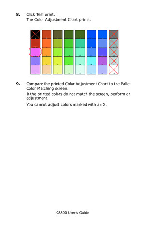 Page 314
C8800 User’s Guide314
8.Click Test print.
The Color Adjustment Chart prints.
     Fig5-17.jpg           
9.Compare the printed Color Adjustment Chart to the Pallet 
Color Matching screen.
If the printed colors do not match the screen, perform an 
adjustment.
You cannot adjust colors marked with an X.
Downloaded From ManualsPrinter.com Manuals 