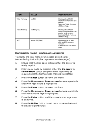 Page 115C9600 User’s Guide> 115
CONFIGURATION EXAMPLE – MONOCHROME PAGES PRINTED
To display the total monochrome pages printed so far 
(remembering that a duplex page counts as two pages):
1.Ensure that the LCD panel indicates that the printer is 
ready to print.
2.Enter menu mode by pressing either the Up-arrow or 
Down-arrow button and press them repeatedly as 
required until the Configuration menu is highlighted.
3.Press the Enter button to select this menu.
4.Press the Up-arrow or Down-arrow buttons...