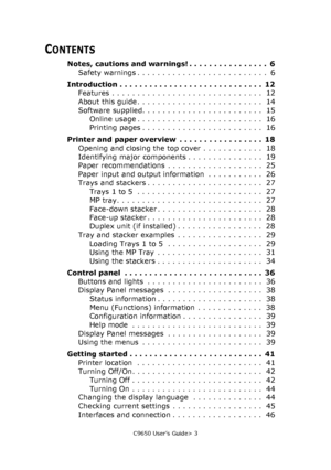 Page 3C9650 User’s Guide> 3
CONTENTS
Notes, cautions and warnings! . . . . . . . . . . . . . . . .  6
Safety warnings . . . . . . . . . . . . . . . . . . . . . . . . . .  6
Introduction . . . . . . . . . . . . . . . . . . . . . . . . . . . . .  12
Features . . . . . . . . . . . . . . . . . . . . . . . . . . . . . .  12
About this guide . . . . . . . . . . . . . . . . . . . . . . . . .  14
Software supplied. . . . . . . . . . . . . . . . . . . . . . . .  15
Online usage . . . . . . . . . . . . . . . . . . . . ....