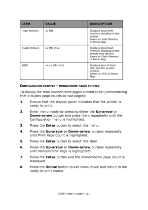 Page 111C9650 User’s Guide> 111
CONFIGURATION EXAMPLE – MONOCHROME PAGES PRINTED
To display the total monochrome pages printed so far (remembering 
that a duplex page counts as two pages):
1.Ensure that the display panel indicates that the printer is 
ready to print.
2.Enter menu mode by pressing either the Up-arrow or 
Down-arrow button and press them repeatedly until the 
Configuration menu is highlighted.
3.Press the Enter button to select this menu.
4.Press the Up-arrow or Down-arrow buttons repeatedly...