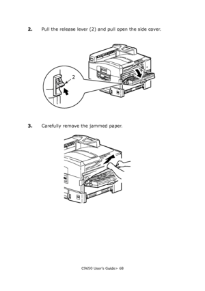 Page 68C9650 User’s Guide> 68
2.Pull the release lever (2) and pull open the side cover.
3.Carefully remove the jammed paper.
2
Downloaded From ManualsPrinter.com Manuals 