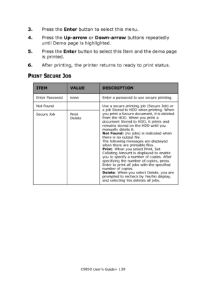 Page 139C9850 User’s Guide> 139
3.Press the Enter button to select this menu.
4.Press the Up-arrow or Down-arrow buttons repeatedly 
until Demo page is highlighted.
5.Press the Enter button to select this Item and the demo page 
is printed.
6.After printing, the printer returns to ready to print status.
PRINT SECURE JOB
ITEMVALUEDESCRIPTION
Enter Password nnnn  Enter a password to use secure printing.
Not Found Use a secure printing job (Secure Job) or 
a job Stored to HDD when printing. When 
you print a Secure...