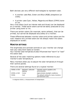 Page 50C9850 User’s Guide> 50
Both devices use very different technologies to represent color.
> A monitor uses Red, Green and Blue (RGB) phosphors (or 
LCDs).
> A printer uses Cyan, Yellow, Magenta and Black (CMYK) toner 
or ink. 
Very vivid colors (such as intense reds and blues) can be displayed 
on a monitor. These same colors cannot be easily produced on any 
printer using toner or ink.
There are certain colors (for example, some yellows), that can be 
printed, but cannot be displayed accurately on a...