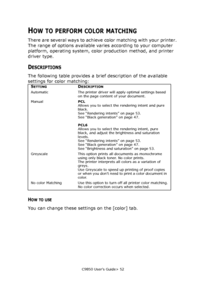 Page 52C9850 User’s Guide> 52
HOW TO PERFORM COLOR MATCHING
There are several ways to achieve color matching with your printer. 
The range of options available varies according to your computer 
platform, operating system, color production method, and printer 
driver type.
DESCRIPTIONS
The following table provides a brief description of the available 
settings for color matching:
HOW TO USE
You can change these settings on the [color] tab.
SETTINGDESCRIPTION
Automatic The printer driver will apply optimal...