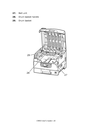 Page 20C9850 User’s Guide> 20
27.Belt unit
28.Drum basket handle
29.Drum basket
27 2829
Downloaded From ManualsPrinter.com Manuals 