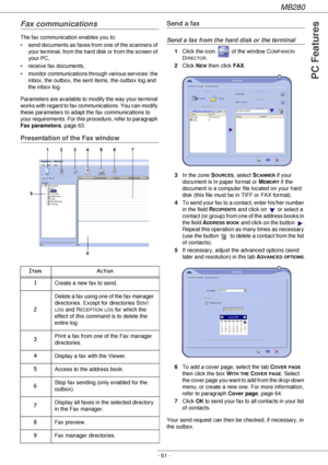 Page 61MB280
- 61 -
PC Features
Fax communications
The fax communication enables you to:
• send documents as faxes from one of the scanners of 
your terminal, from the hard disk or from the screen of 
your PC,
• receive fax documents,
• monitor communications through various services: the 
inbox, the outbox, the sent items, the outbox log and 
the inbox log.
Parameters are available to modify the way your terminal 
works with regard to fax communications. You can modify 
these parameters to adapt the fax...