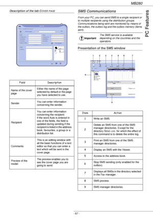 Page 67MB280
- 67 -
PC Features
Description of the tab COVER PAGESMS Communications 
From your PC, you can send SMS to a single recipient or 
to multiple recipients using the distribution groups.
Communications being sent are monitored by means of 
the outbox, the outbox log and the outbox memory (items 
sent).
Presentation of the SMS window
Field Description
Name of the cover 
pageEither the name of the page 
selected by default or the page 
you have selected to use.
SenderYou can enter information 
concerning...