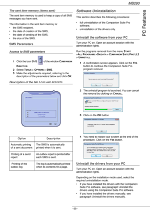 Page 69MB280
- 69 -
PC Features
The sent item memory (items sent)
The sent item memory is used to keep a copy of all SMS 
messages you have sent.
The information in the sent item memory is:
• the SMS recipient,
• the date of creation of the SMS,
• the date of sending of the SMS,
• the size of the SMS.
SMS Parameters
Access to SMS parameters
1Click the icon SMS   of the window COMPANION 
D
IRECTOR.
2Select T
OOLS > OPTIONS > SMS.
3Make the adjustments required, referring to the 
description of the parameters...