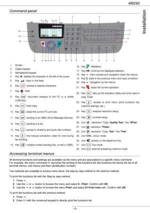 Page 15MB290
- 15 -
Installation
Command panel
Accessing terminal menus
All terminal functions and settings are available via the menu and are associated to a specific menu command.  
For example, the menu command 51 launches the printing of the functions list (the functions list stores the list of all 
terminal menus, sub-menus and their identification number). 
Two methods are available to access menu items: the step by step method or the shortcut method.
To print the functions list with the Step by step...