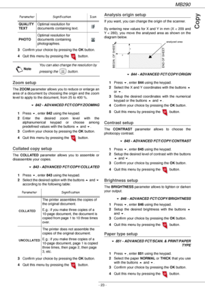 Page 23MB290
- 23 -
Copy
3Confirm your choice by pressing the OK button.
4Quit this menu by pressing the   button.
Zoom setup
The ZOOM parameter allows you to reduce or enlarge an 
area of a document by choosing the origin and the zoom 
level to apply to the document, from 25 to 400 %.
! 842 - ADVANCED FCT/COPY/ZOOMING
1Press !, enter 842 using the keypad.
2Enter the desired zoom level with the 
alphanumerical keypad or choose among 
predefined values with the buttons  and !. 
3Confirm your choice by pressing...