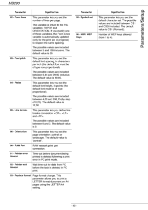 Page 40MB290
- 40 -
Parameters/Setup
82 - Form linesThis parameter lets you set the 
number of lines per page.
This variable is linked to the PJL 
variables: PAPER and 
ORIENTATION. If you modify one 
of these variables, the Form Lines 
variable is automatically updated 
(only for the print job in progress) 
to respect the same spacing.
The possible values are included 
between 5 and 128 inclusive. The 
default value is 60.
83 - Font pitchThis parameter lets you set the 
default font spacing, in characters 
per...