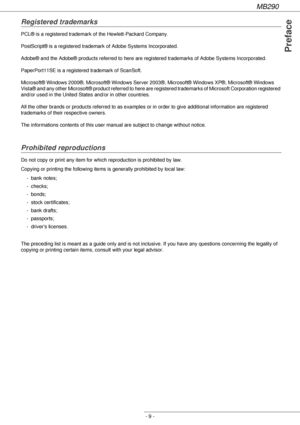 Page 9MB290
- 9 -
Preface
Registered trademarks
PCL® is a registered trademark of the Hewlett-Packard Company.
PostScript® is a registered trademark of Adobe Systems Incorporated.
Adobe® and the Adobe® products referred to here are registered trademarks of Adobe Systems Incorporated.
PaperPort11SE is a registered trademark of ScanSoft.
Microsoft® Windows 2000®, Microsoft® Windows Server 2003®, Microsoft® Windows XP®, Microsoft® Windows 
Vista® and any other Microsoft® product referred to here are registered...