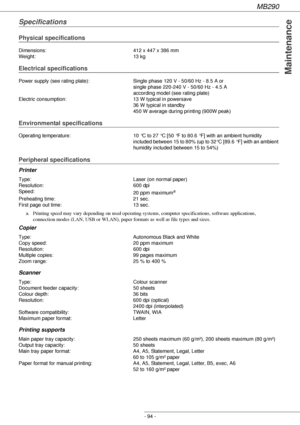 Page 94MB290
- 94 -
Maintenance
Specifications
Physical specifications
Electrical specifications
Environmental specifications
Peripheral specifications
Printer
Copier
Scanner
Printing supports 
Dimensions: 412 x 447 x 386 mm
Weight: 13 kg
Power supply (see rating plate): Single phase 120 V - 50/60 Hz - 8.5 A or
single phase 220-240 V - 50/60 Hz - 4.5 A
according model (see rating plate)
Electric consumption: 13 W typical in powersave
36 W typical in standby
450 W average during printing (900W peak)
Operating...