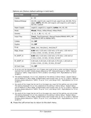 Page 79
79 • Operation
Options are (factory default settings in bold text):
a. N-up can only be changed from 1in1 if paper size is set to A4 or Letter and documents are scanned from the ADF. Collate always defaults  to “Off”. Reduce/Enlarge to “100%”. Reduce/
enlarge to “100%,” Edge erase to “0mm (0.00i n)” and Margin shift -Right/Bottom to “0mm 
(0.00in)”.
b. The setting displayed, mm or inch, depends on  the setting in Admin Setup - System Setup - 
Unit of Measure in Menu Mode. If Edge Erase is  set to other...