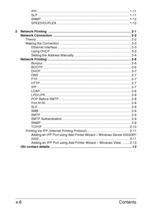 Page 6Contents x-6
IPP ...................................................................................................... 1-11
SLP ..................................................................................................... 1-11
SNMP.................................................................................................. 1-12
SPEED/DUPLEX ................................................................................ 1-12
2 Network Printing...