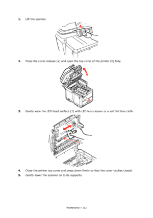 Page 112
Maintenance > 112
1.Lift the scanner.
2. Press the cover release (a) and open the top cover of the printer (b) fully.
3. Gently wipe the LED head surface (1) with LE D lens cleaner or a soft lint free cloth.
4. Close the printer top cover and press down  firmly so that the cover latches closed.
5. Gently  lower the scanner on to its supports.
< < < < 
a
b
1
Downloaded From ManualsPrinter.com Manuals 