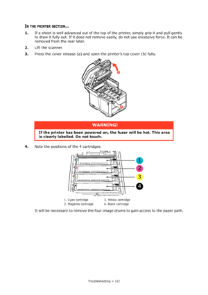 Page 121
Troubleshooting > 121
IN THE PRINTER SECTION...
1.If a sheet is well advanced out of the top of  the printer, simply grip it and pull gently 
to draw it fully out. If it does not remove easily, do not use excessive force. It can be 
removed from the rear later.
2. Lift the scanner.
3. Press the cover release (a) and open the printer’s top cover (b) fully.
4. Note the positions of  the 4 cartridges.
It will be necessary to remove the four image drums to gain access to the paper path.
WARNING!
If the...