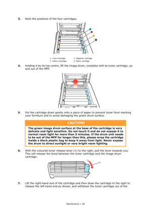 Page 85Maintenance > 85
3.Note the positions of the four cartridges.
4.Holding it by its top centre, lift the image drum, complete with its toner cartridge, up 
and out of the MFP.
5.Put the cartridge down gently onto a piece of paper to prevent toner from marking 
your furniture and to avoid damaging the green drum surface.
6.With the coloured toner release lever (1) to the right, pull the lever towards you. 
This will release the bond between the toner cartridge and the image drum 
cartridge.
7.Lift the...