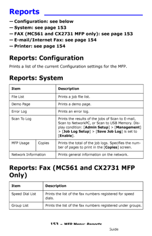 Page 153153 – MFP Menu: Reports
MC361/MC561/CX2731 MFP Advanced User’s Guide
Reports ____________________
— Configuration: see below
— System: see page 153
— FAX (MC561 and CX2731 MFP only): see page 153
— E-mail/Internet Fax: see page 154
— Printer: see page 154
Reports: Configuration 
Prints a list of the current Configuration settings for the MFP. 
Reports: System 
Reports: Fax (MC561 and CX2731 MFP 
Only) 
Item Description
File List Prints a job file list.
Demo Page Prints a demo page.
Error Log Prints an...