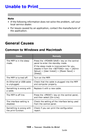 Page 268268 – Issues: Unable to Print
MC361/MC561/CX2731 MFP Advanced User’s Guide
Unable to Print _______________
Note
• If the following information does not solve the problem, call your 
local service dealer.
• For issues caused by an application, contact the manufacturer of 
the application.
General Causes
Common to Windows and Macintosh
CauseRemedy
The MFP is in the sleep 
mode.Press the  key on the control 
panel to enter the standby mode.
If the sleep mode is inconvenient for you, 
disable it from the...