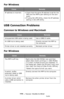 Page 270270 – Issues: Unable to Print
MC361/MC561/CX2731 MFP Advanced User’s Guide
For Windows
USB Connection Problems
Common to Windows and Macintosh
For Windows
CauseRemedy
IP address is incorrect.• Check that the same IP address is set for the 
MFP and the MFP’s port setting on the com-
puter.
• If using Oki LPR Utility, check the IP address 
setting in Oki LPR Utility.
CauseRemedy
Unsupported USB cable is being used.Use a USB2.0 cable.
An USB hub is being used.Directly connect the MFP to 
the computer....