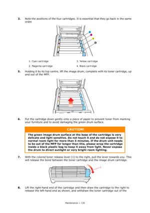 Page 120
Maintenance > 120
3.Note the positions of the four cartridges. It  is essential that they go back in the same 
order.
5. Holding it by its top centre, lift the image drum, complete with its toner cartridge, up 
and out of the MFP.
6. Put the cartridge down gently onto a piec e of paper to prevent toner from marking 
your furniture and to avoid damaging the green drum surface.
7. With the colored toner release lever (1) to  the right, pull the lever towards you. This 
will release the bond between the...