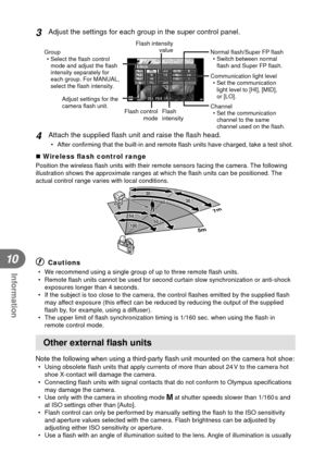 Page 110110EN
Information
10
3 Adjust the settings for each group in the super control panel.
Flash intensity value
250250F5.60.00.0P3838
A ModeTTL
M
Off +5.0
TTL +3.0 1/8
– LO
1Ch
Group • Select the  ﬂ ash control 
mode and adjust the  ﬂ ash 
intensity separately for 
each group. For MANUAL, 
select the ﬂ  ash intensity. Normal ﬂ
 ash/Super FP  ﬂ ash
• Switch between normal  ﬂ ash and Super FP ﬂ  ash.
Communication light level • Set the communication  light level to [HI], [MID], 
or [LO].
Channel • Set the...