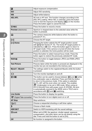 Page 8080EN
Frequently-used options and customization
3
 FAdjust exposure compensation.
ISO Adjust ISO sensitivity.
WB Adjust white balance.
 AEL/AFL AE lock or AF lock. The function changes according to the 
[AEL/AFL] setting. When AEL is selected, press the button 
once to lock the exposure and display [ u] on the monitor. 
Press the button again to cancel the lock.
R  REC Press the button to record a movie.
 Preview (electronic) Aperture is stopped down to the selected value while the  button is pressed.
k...