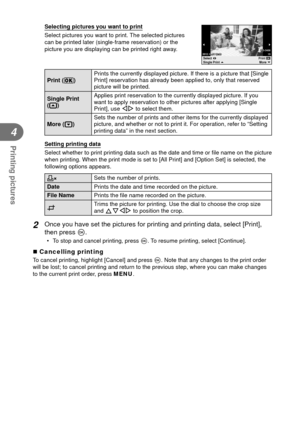 Page 9494EN
Printing pictures
4
Selecting pictures you want to print
Select pictures you want to print. The selected pictures 
can be printed later (single-frame reservation) or the 
picture you are displaying can be printed right away.
MorePrint
SelectSingle Print
2012.10.0112:3015123-3456
Print (f) Prints the currently displayed picture. If there is a picture that [Sing\
le 
Print] reservation has already been applied to, only that reserved 
picture will be printed.
Single Print 
(t) Applies print reservation...