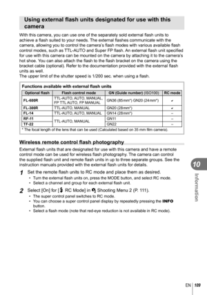 Page 109109EN
Information
10
 Using external ﬂ ash units designated for use with this 
camera
With this camera, you can use one of the separately sold external  ﬂ ash units to 
achieve a  ﬂ ash suited to your needs. The external  ﬂ ashes communicate with the 
camera, allowing you to control the camera’s  ﬂ ash modes with various available  ﬂ ash 
control modes, such as TTL-AUTO and Super FP ﬂ  ash. An external ﬂ ash unit speciﬁ  ed 
for use with this camera can be mounted on the camera by attaching it to\
 the...