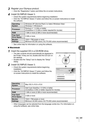 Page 101101EN
Connecting the camera to a computer
6
3 Register your Olympus product.
•  Click the “Registration” button and follow the on-screen instructi\
ons.
4 Install OLYMPUS Viewer 3.
•  Check the system requirements before beginning installation.
•  Click the “OLYMPUS Viewer 3” button and follow the on-screen instructions to install the software.
Operating 
System Windows XP (Service Pack 2 or later) / Windows Vista / 
Windows 7 / Windows 8
Processor Pentium 4  1.3 GHz or better
(Core2Duo 2.13 GHz or...