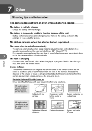 Page 106106EN
Other
7
7 Other
Shooting tips and information
The camera does not turn on even when a battery is loaded
The battery is not fully charged
•  Charge the battery with the charger.
The battery is temporarily unable to function because of the cold
•  Battery performance drops at low temperatures. Remove the battery and wa\
rm it by putting it in your pocket for a while.
No picture is taken when the shutter button is pressed
The camera has turned off automatically
•  The camera automatically enters sleep...