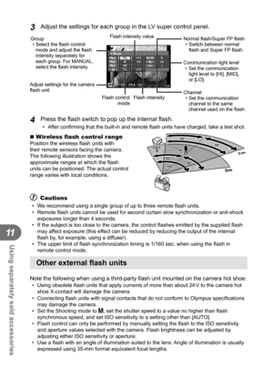 Page 122122EN
Using separately sold accessories
11
3 Adjust the settings for each group in the LV super control panel.
250250F5.60.00.0P3838
A ModeTTL
M
Off +5.0
TTL +3.0 1/8
– LO
1
Ch
Flash intensity value
Group
• Select the  ﬂ ash control 
mode and adjust the  ﬂ ash 
intensity separately for 
each group. For MANUAL, 
select the ﬂ  ash intensity. Normal ﬂ
 ash/Super FP  ﬂ ash
• Switch between normal  ﬂ ash and Super FP ﬂ  ash.
Communication light level • Set the communication  light level to [HI], [MID], 
or...