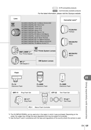 Page 125125EN
Using separately sold accessories
11
: E-P5 compatible products
Lens
MF-2 *1OM Adapter  2
For the latest information, please visit the Olympus website.
M.ZUIKO DIGITAL ED 12-50mm f3.5-6.3 EZ
M.ZUIKO DIGITAL ED 12mm f2.0
M.ZUIKO DIGITAL 17mm f1.8
M.ZUIKO DIGITAL 17mm f2.8
M.ZUIKO DIGITAL 45mm f1.8
M.ZUIKO DIGITAL ED 75mm f1.8
M.ZUIKO DIGITAL ED 60mm f2.8 Macro
M.ZUIKO DIGITAL 14-42mm f3.5-5.6 II R
M.ZUIKO DIGITAL ED 9-18mm f4.0-5.6
M.ZUIKO DIGITAL ED 14-150mm f4.0-5.6
M.ZUIKO DIGITAL ED 40-150mm...