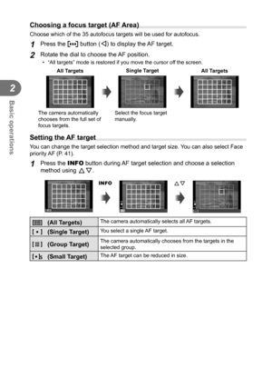 Page 4040EN
Basic operations
2
  Choosing a focus target (AF Area)
Choose which of the 35 autofocus targets will be used for autofocus.
1 Press the P button (H) to display the AF target.
2 Rotate the dial to choose the AF position.
•  “All targets” mode is restored if you move the cursor off the screen.All Targets Single Target
All Targets
The camera automatically 
chooses from the full set of 
focus targets. Select the focus target 
manually. 
Setting the AF target
You can change the target selection method...