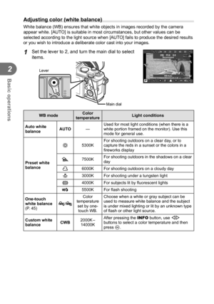 Page 4444EN
Basic operations
2
  Adjusting color (white balance)
White balance (WB) ensures that white objects in images recorded by th\
e camera 
appear white. [AUTO] is suitable in most circumstances, but other values can be 
selected according to the light source when [AUTO] fails to produce the desired results 
or you wish to introduce a deliberate color cast into your images.
1 Set the lever to 2, and turn the main dial to select 
items.
LeverMain dial...