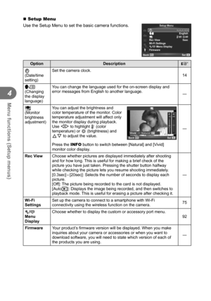 Page 7474EN
Menu functions (Setup menus)
4
 Setup Menu
Use the Setup Menu to set the basic camera functions.
--.--.-- --:--
X
W
j
±0 k±021Setup Menu
English5sec
Wi-Fi Settings
c/# Menu Display
Firmware Rec View
Back
Set
Option Description
g
X 
(Date/time 
setting) Set the camera clock.
14
  W 
(Changing 
the display 
language) You can change the language used for the on-screen display and 
error messages from English to another language. 
—
   i 
(Monitor 
brightness 
adjustment) You can adjust the brightness...