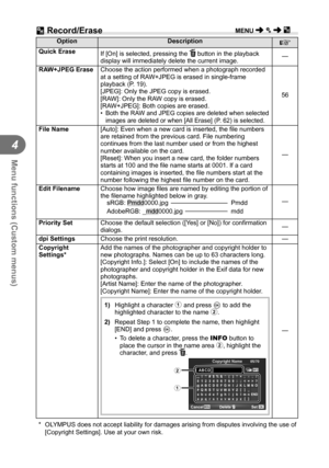 Page 8282EN
Menu functions (Custom menus)
4
 Y Record/Erase
OptionDescription
g
Quick Erase  If [On] is selected, pressing the  button in the playback 
display will immediately delete the current image. —
RAW+JPEG Erase  Choose the action performed when a photograph recorded 
at a setting of RAW+JPEG is erased in single-frame 
playback (P. 19).
[JPEG]: Only the JPEG copy is erased.
[RAW]: Only the RAW copy is erased.
[RAW+JPEG]: Both copies are erased.
•  Both the RAW and JPEG copies are deleted when selected...