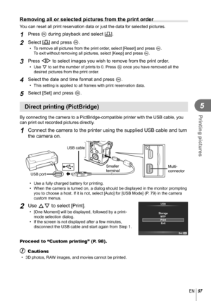 Page 9797EN
Printing pictures
5
Removing all or selected pictures from the print order
You can reset all print reservation data or just the data for selected pi\
ctures.
1 Press Q during playback and select [