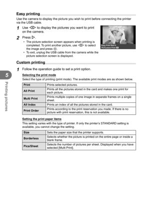 Page 9898EN
Printing pictures
5
Easy printing
Use the camera to display the picture you wish to print before connectin\
g the printer 
via the USB cable.
1 Use HI to display the pictures you want to print 
on the camera.
2 Press I.
•  The picture selection screen appears when printing is completed. To print another picture, use  HI to select 
the image and press  Q.
•  To exit, unplug the USB cable from the camera while the  picture selection screen is displayed.
PC/Custom PrintEasy Print Start
 Custom...