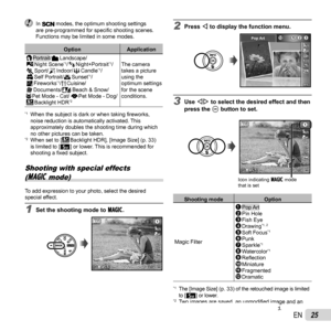 Page 2525EN
 In  modes, the optimum shooting settings 
are pre-programmed for speci ﬁ c shooting scenes. 
Functions may be limited in some modes.
Option ApplicationB Portrait/F Landscape/G Night  Scene*1/M
 Night+Portrait*1/
C Sport/N Indoor/W Candle*1/
R  Self  Portrait/ S
 Sunset*1/
X Fireworks*1/V Cuisine/
d Documents/q Beach & Snow/
U Pet Mode - Cat/ t Pet Mode - Dog/
h Backlight  HDR
*2
The camera 
takes a picture 
using the 
optimum settings 
for the scene 
conditions.
*1  When the subject is dark or...