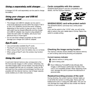 Page 6262EN
Using a separately sold charger
A charger (UC-50: sold separately) can be used to charge 
the battery.
Using your charger and USB-AC adapter abroad
 
• The charger and USB-AC adapter can be used in 
most home electrical sources within the range of 100 V 
to 240 V AC (50/60Hz) around the world. However, 
depending on the country or area you are in, the AC 
wall outlet may be shaped differently and the charger 
and USB-AC adapter may require a plug adapter to 
match the wall outlet. For details, ask...