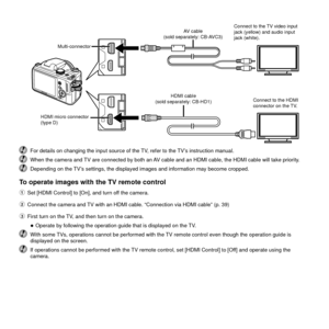 Page 4040EN
Connect to the TV video input 
jack (yellow) and audio input 
jack (white).
AV cable
(sold separately: CB-AVC3)
Connect to the HDMI 
connector on the TV.
Multi-connector
HDMI micro connector 
(type D)
HDMI cable 
(sold separately: CB-HD1)
  For details on changing the input source of the TV, refer to the TV’s instruction manual.  When the camera and TV are connected by both an AV cable and an HDMI cable, the HDMI cable will take priority.  Depending on the TV’s settings, the displayed images and...