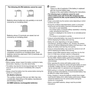 Page 6666EN
The following AA (R6) batteries cannot be used.
Batteries whose bodies are only partially or not at all 
covered by an insulating sheet.
Batteries whose - terminals are raised, but not 
covered by an insulating sheet.
Batteries whose  - terminals are ﬂ  at and not 
completely covered by an insulating sheet. (Such 
batteries cannot be used even if the  - terminals are 
partially covered.)
 CAUTION 
• Before loading, always inspect the battery carefully for leaks, 
discoloration, warping, or any other...