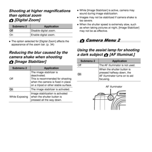 Page 3232EN
 Shooting at higher magniﬁ cations  Shooting at higher magniﬁ cations 
than optical zoom than optical zoom 
zz [Digital Zoom] [Digital Zoom]
Submenu 2 ApplicationOffDisable digital zoom.
On Enable digital zoom.
 
● The option selected for [Digital Zoom] affects the 
appearance of the zoom bar. (p. 34)
 Reducing the blur caused by the  Reducing the blur caused by the 
camera shake when shootingcamera shake when shooting
zz [Image Stabilizer] [Image Stabilizer]
Submenu 2 Application
Off The image...