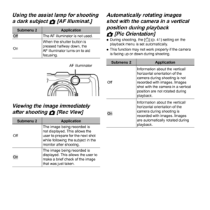 Page 3434EN
 Using the assist lamp for shooting  Using the assist lamp for shooting 
a dark subject a dark subject zz [AF Illuminat.] [AF Illuminat.]
Submenu 2ApplicationOffThe AF illuminator is not used.
On When the shutter button is 
pressed halfway down, the 
AF illuminator turns on to aid 
focusing.
AF illuminator
 Viewing the image immediately  Viewing the image immediately 
after shooting after shooting zz [Rec View] [Rec View]
Submenu 2
Application
Off The image being recorded is 
not displayed. This...
