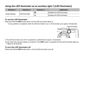 Page 5454EN
 Using the LED illuminator as an auxiliary light  Using the LED illuminator as an auxiliary light dd [LED Illuminator] [LED Illuminator]
Submenu 1 Submenu 2 Submenu 3Application
Tough Settings LED Illuminator
Off Disables the LED illuminator.
On Enables the LED illuminator.
To use the LED illuminatorTo use the LED illuminatorPress and hold the INFO button down until the LED illuminator lights up.
 
● If you perform an operation when the LED illuminator is on, it will illu\
minate up to approx. 90...
