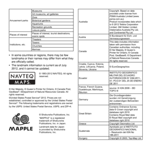 Page 9292EN
Amusement parksMuseums
Art museums, art galleries
Zoos
Botanical gardens
Aquariums
Recreation grounds
Leisure parks
Places of interest Places of interest, tourist destinations, 
scenic spots
Institutions, etc. Theaters
Towers
Churches
Marinas
 
• In some countries or regions, there may be few 
landmarks or their names may differ from what they 
are ofﬁ  cially called.
 
• The landmark information is current as of July 
2012, and it cannot be updated.
© 1993-2012 NAVTEQ. All rights 
reserved.
© Her...